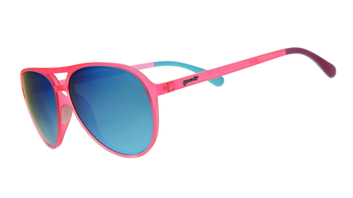 Three-quarter angle view of pink aviator sunglasses with mirrored reflective teal lenses.