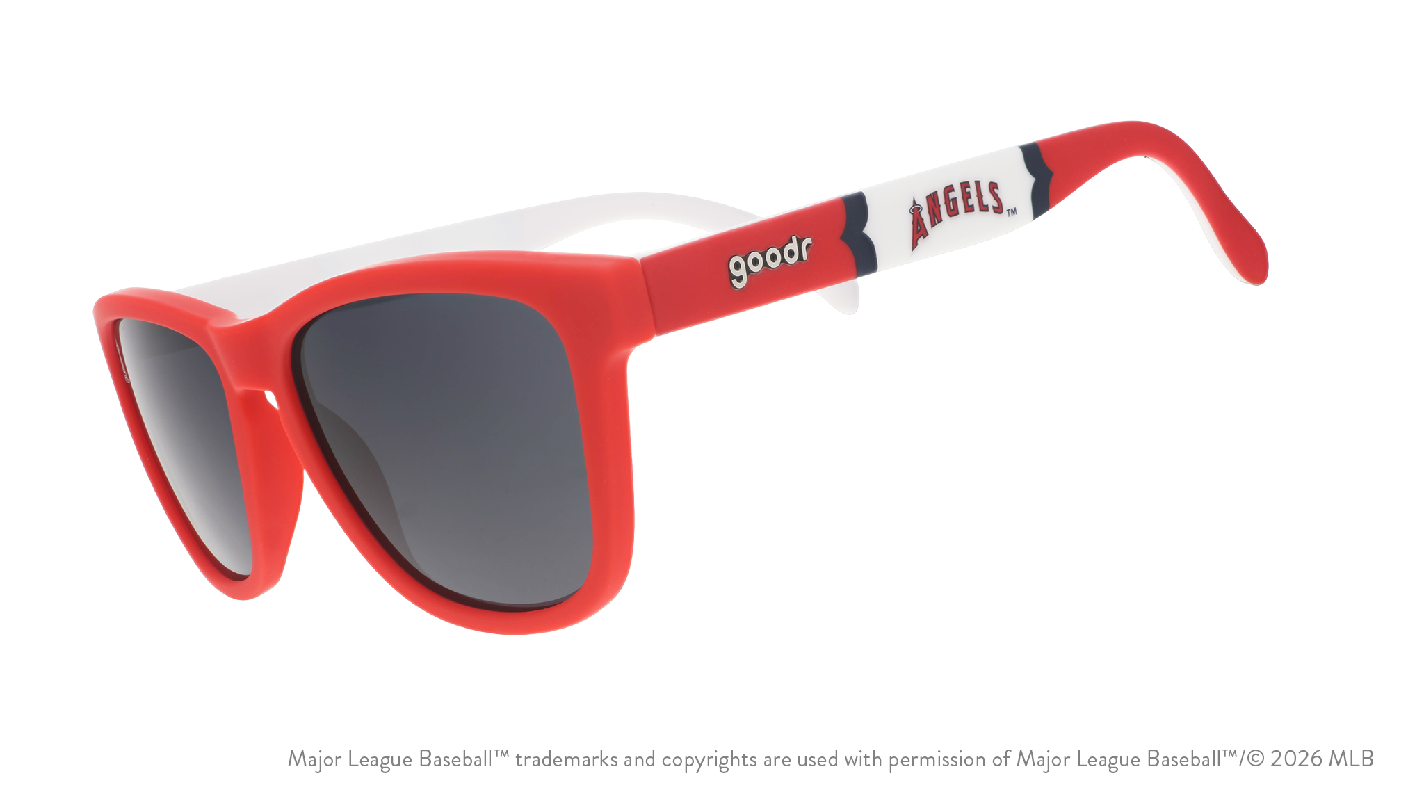 Three-quarter angle view of a pair of red, white, and blue sunglasses featuring the Angels' "halo A" logo on the arm. 