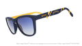Three-quarter angle view of a pair of navy and yellow sunglasses featuring a Milwaukee Brewers logo on the arm. 