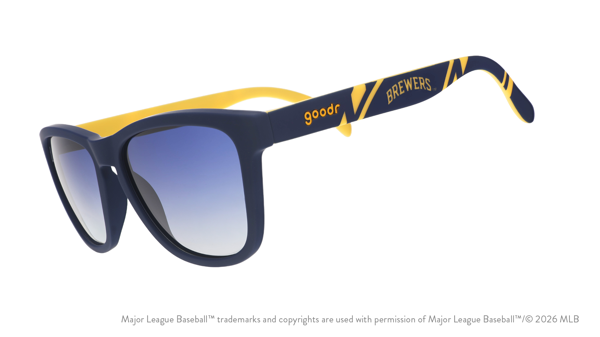 Three-quarter angle view of a pair of navy and yellow sunglasses featuring a Milwaukee Brewers logo on the arm. 