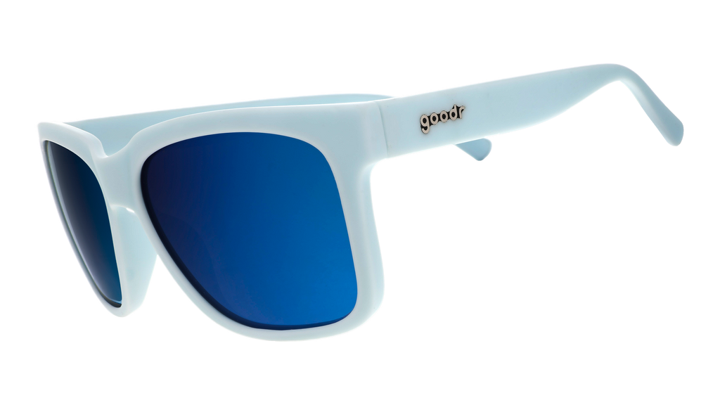 Three-quarter angle view of light blue sunglasses with blue lenses designed to float in water. 