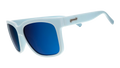 Three-quarter angle view of light blue sunglasses with blue lenses designed to float in water. 