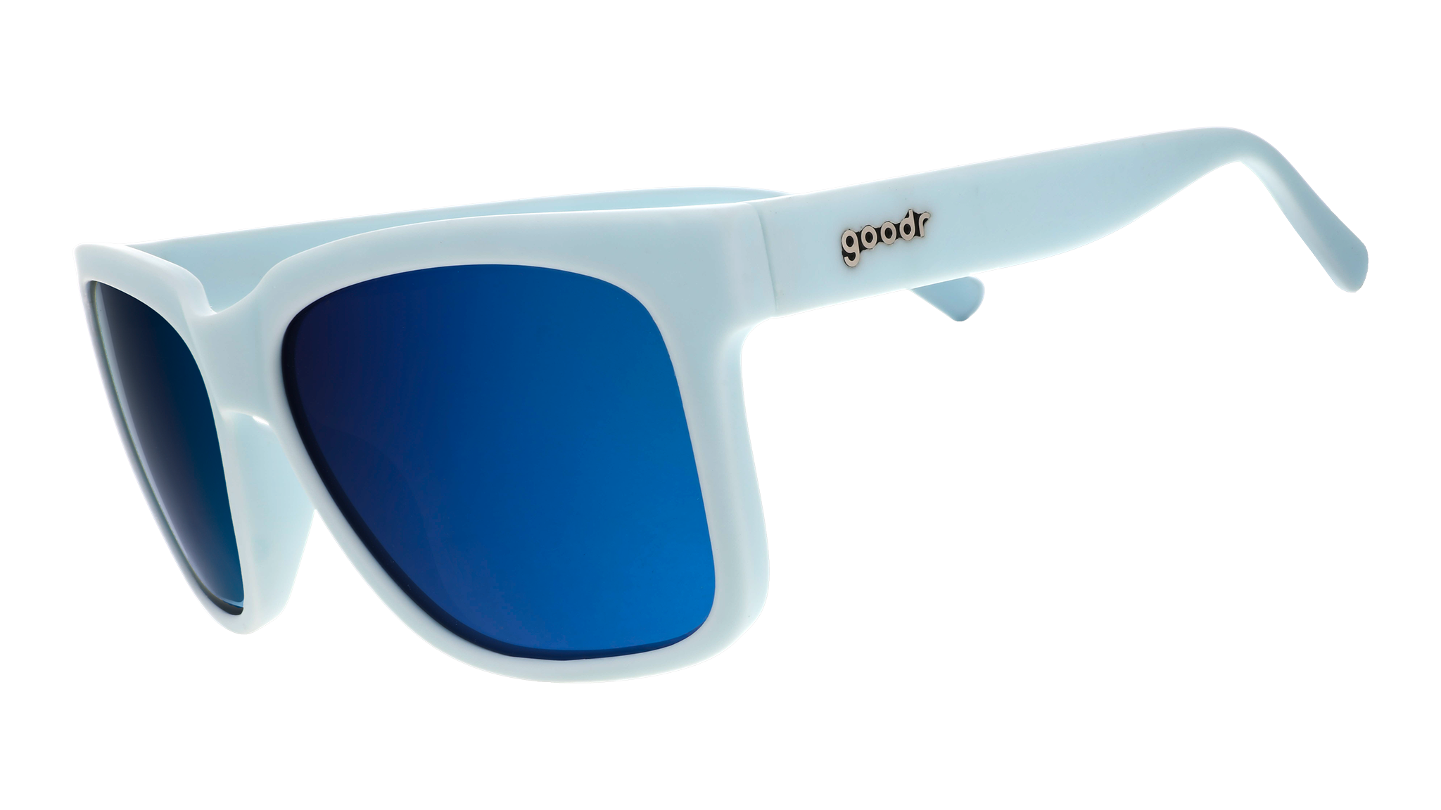 Three-quarter angle view of light blue sunglasses with blue lenses designed to float in water. 