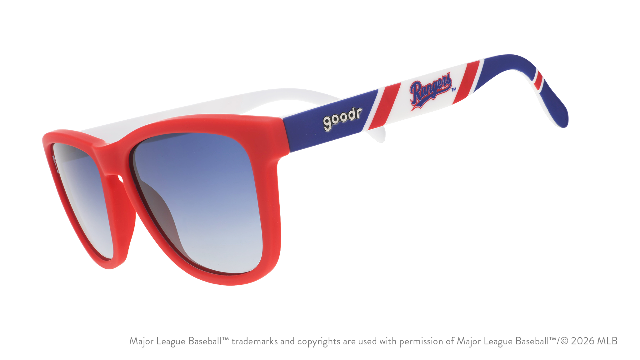 Three-quarter angle view of a pair of red, white, and blue sunglasses featuring the Texas Rangers logo on the arm. 