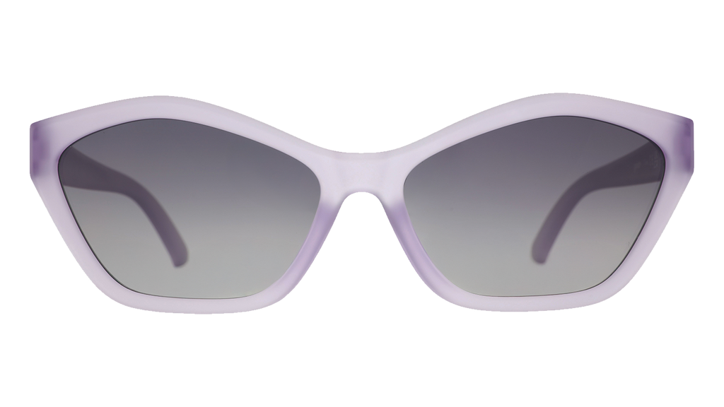 Front view of translucent pale purple geometric cat-eye Deco G sunglasses with black gradient lenses. 