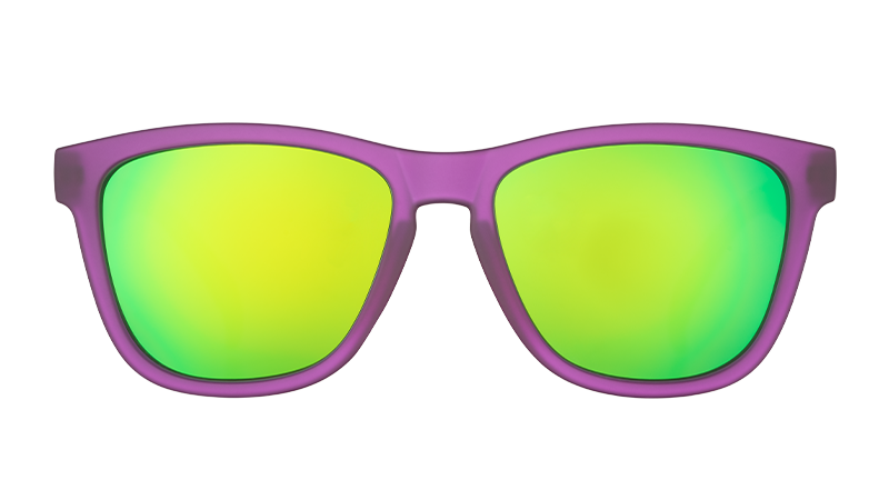 Front view of square-shaped purple sunglasses with polarized green reflective lenses. 