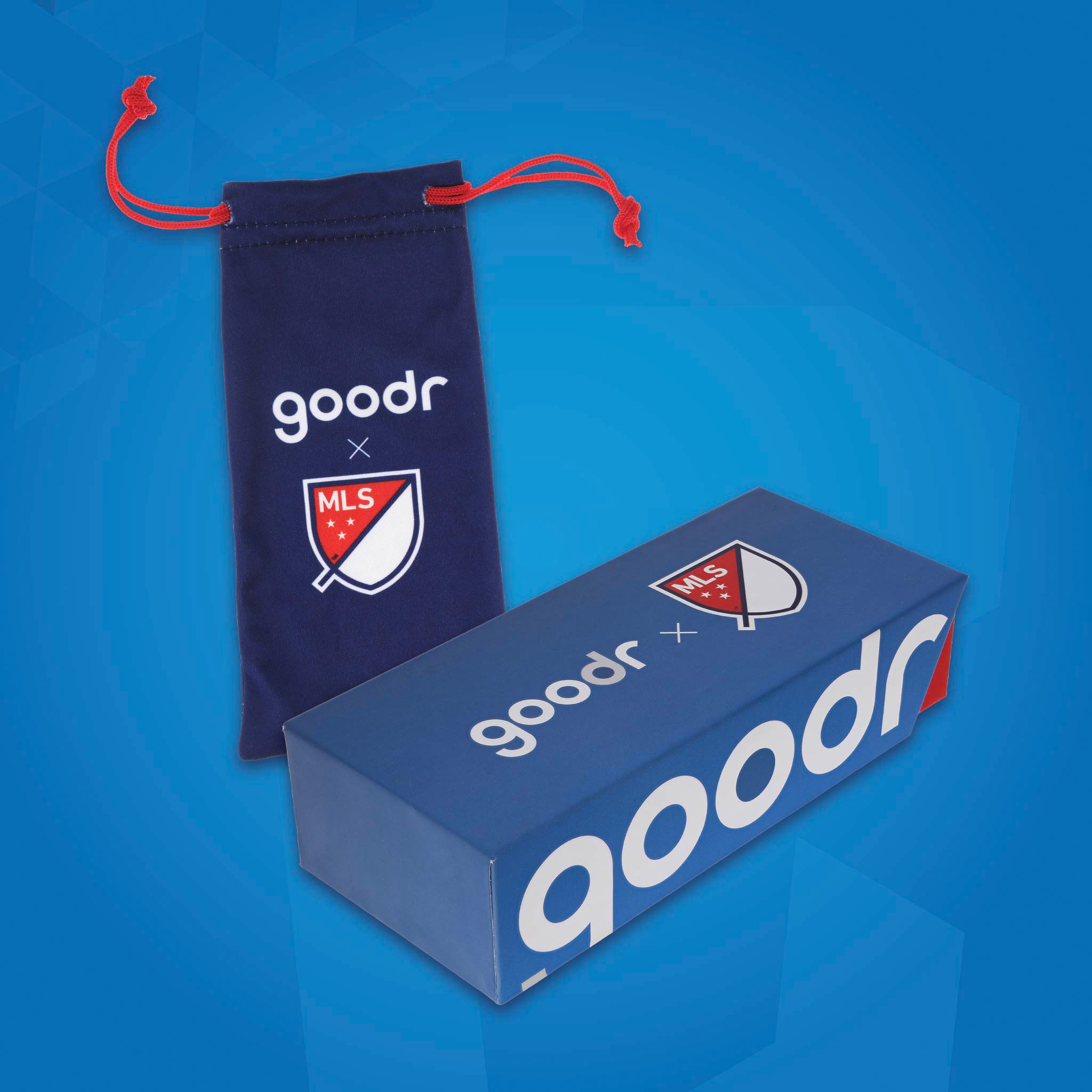 Major League Soccer-themed microfiber bag and box for MLS sunglasses on a blue background.