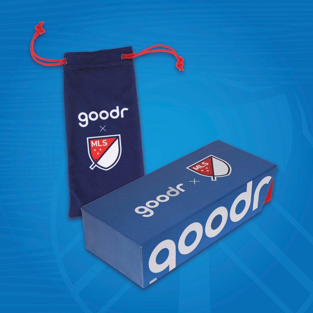 Front view of Major League Soccer packaging for the sunglasses, with a patterned microfiber bag and box
