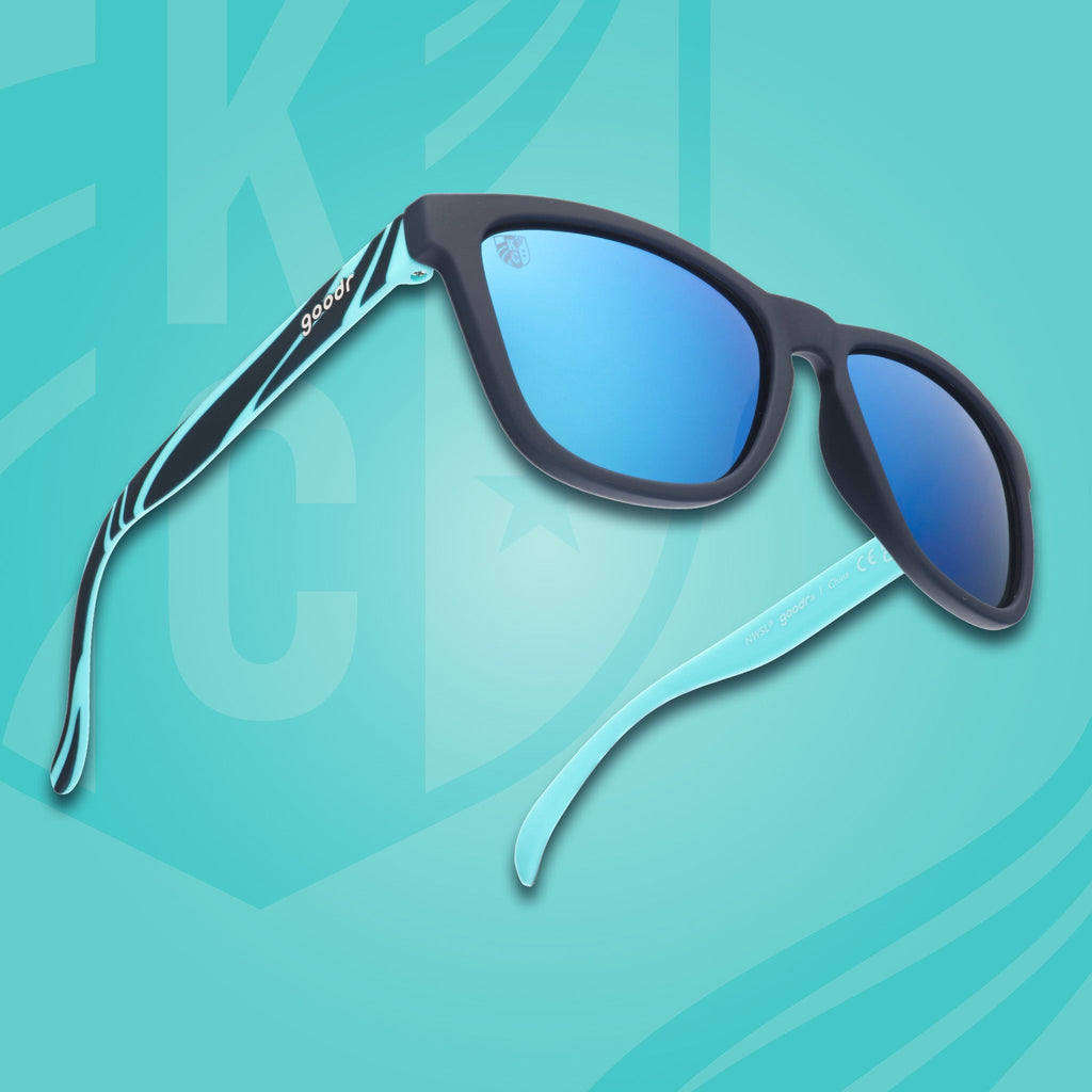 Right three-quarter angle view of teal and storm blue sunglasses with a river current pattern, teal lenses, and goodr logo.
