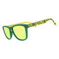 Three quarter angle of yellow-and-green sunglasses featuring the Oregon Ducks duck mascot and gold-green reflective lenses. 