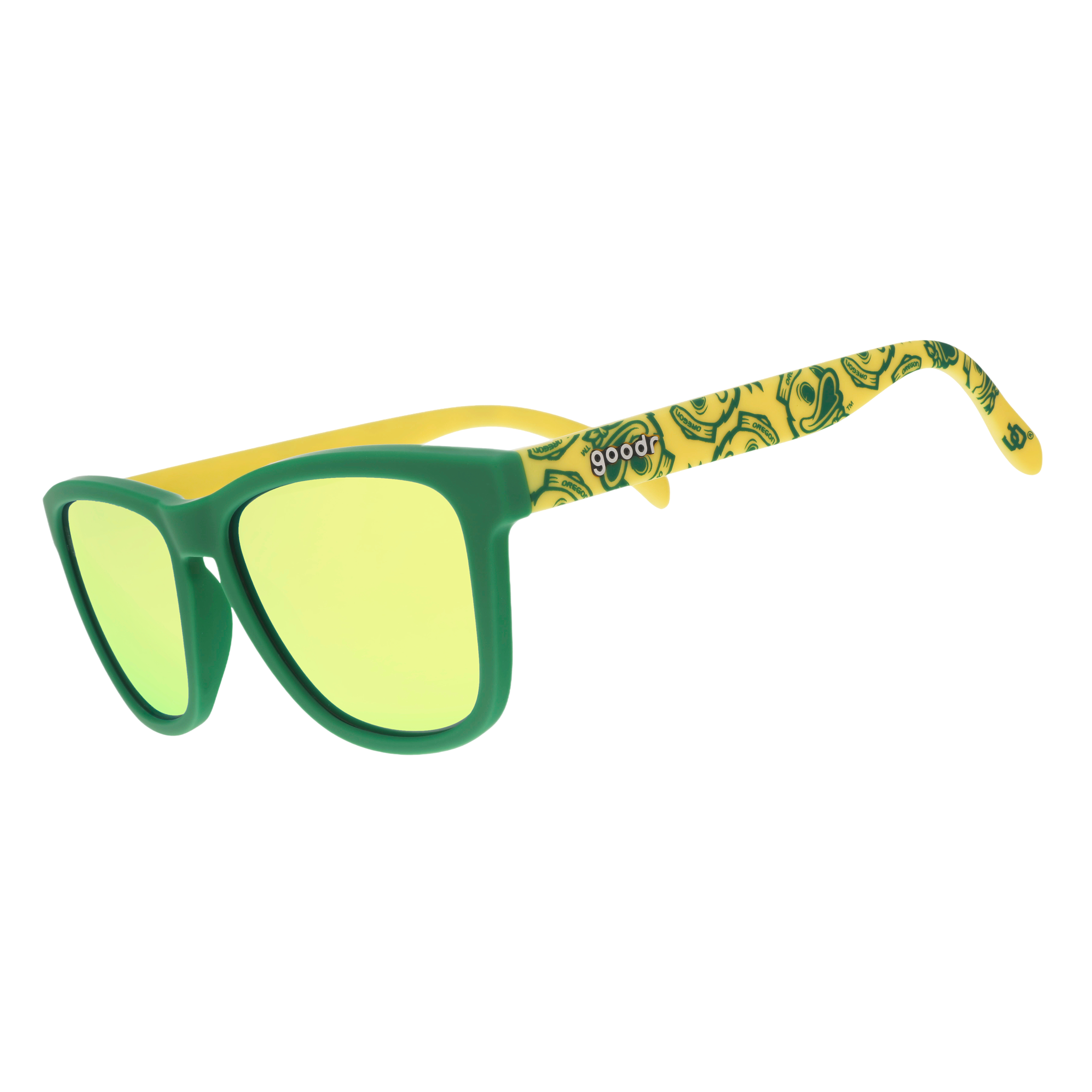 Three quarter angle of yellow-and-green sunglasses featuring the Oregon Ducks duck mascot and gold-green reflective lenses. 
